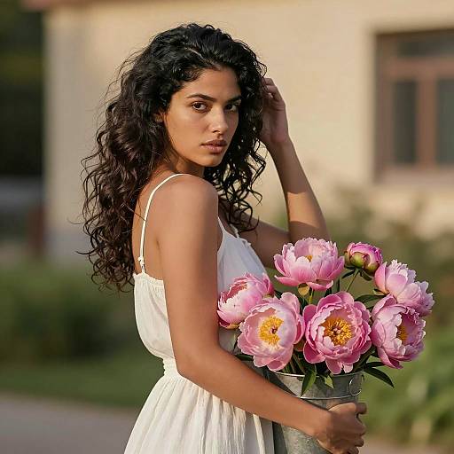 Young Woman with Peonies in Sunlight