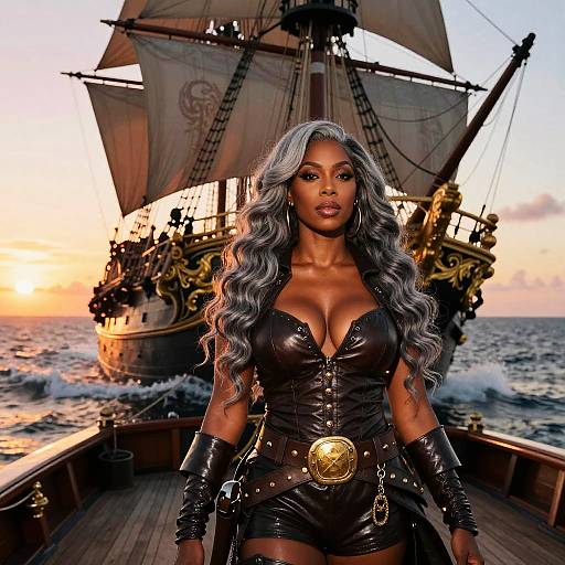Photorealistic digital art: Black woman with long silver hair, large breasts, black leather outfit, standing on ship deck, sunset, pirate ship in