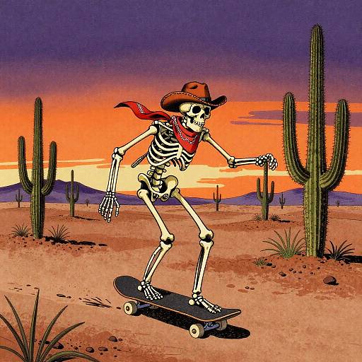 Skeleton Cowboy Skateboarder in Desert