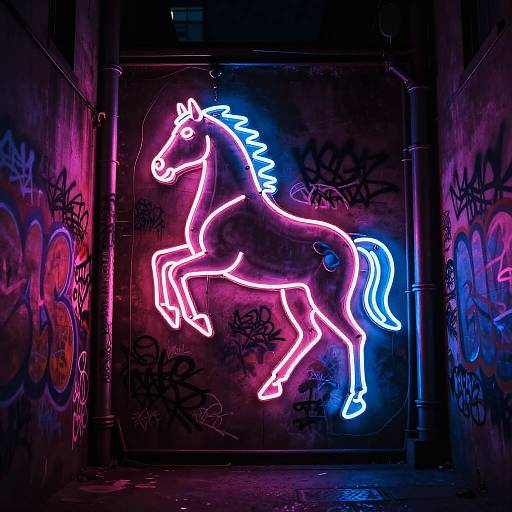 Neon Horse Sign in Dark Alley