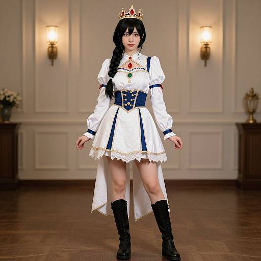 Photograph of an Asian woman in a white, royal-themed dress with blue accents, gold crown, black boots, standing in an elegant, warmly lit