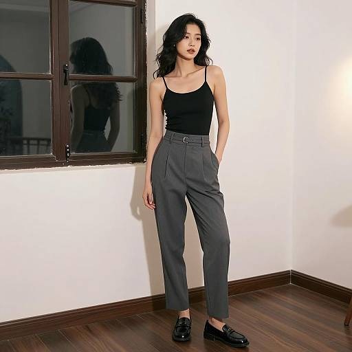 Fashionable woman in black top and gray pants indoors