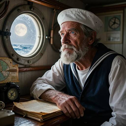 Dreamy Old Sailor in Moonlit Cabin