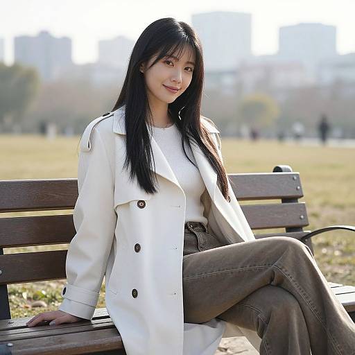 Photograph of an Asian woman with long black hair, wearing a white coat and brown pants, sitting on a wooden bench in a sunlit park.