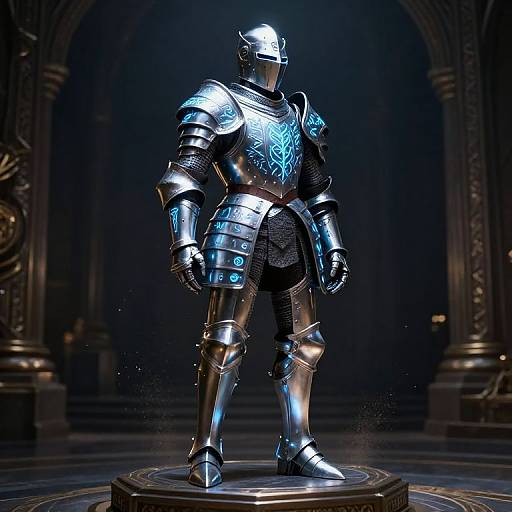 Digital 3D CGI of a glowing blue and silver medieval knight statue, standing in an ornate, darkened, archway-lit room.