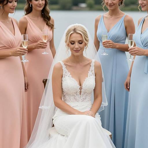 Photograph of a blonde bride in a white lace wedding dress with deep V-neck, surrounded by four bridesmaids in pastel dresses, holding champagne glasses