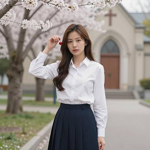 Cherry Blossom Path with Asian Woman