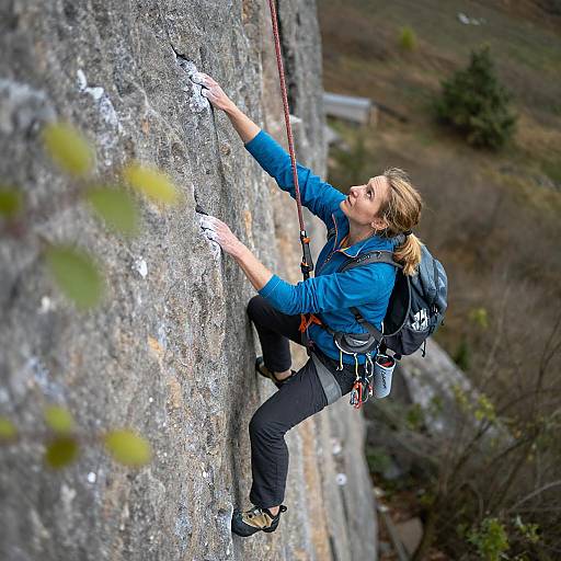 Determined Female Rock Climber in Action