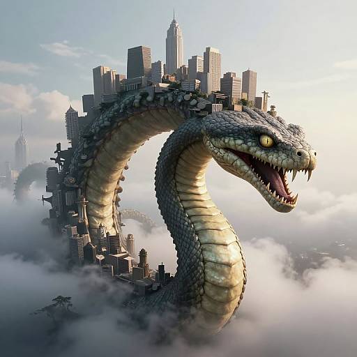 Digital art: massive, serpentine dragon with yellow eyes and sharp teeth coiled around a cloud-covered cityscape of skyscrapers, sunlight illumin