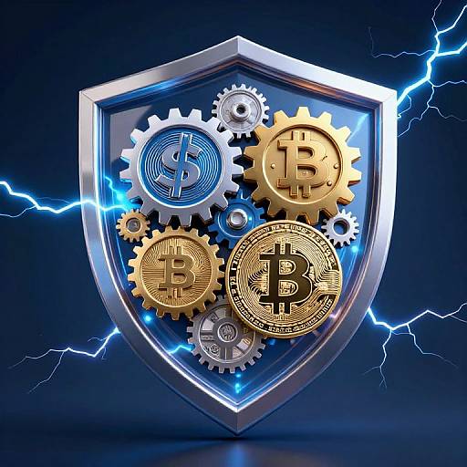 Digital illustration of a silver shield with gold and blue Bitcoin gear icons, surrounded by blue lightning bolts on a dark background. Symbolizing cryptocurrency security and power