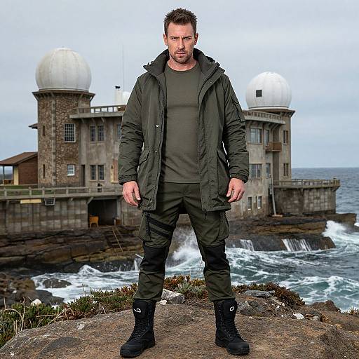 Photograph of a rugged man in dark green jacket and pants, black boots, standing on rocky cliff, with stormy sea and white-domed coastal