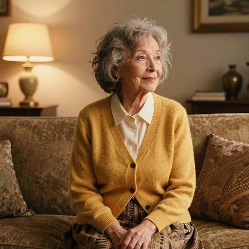 Photograph of an elderly woman with gray curly hair, wearing a yellow cardigan and white shirt, sitting on a patterned sofa in a warmly lit