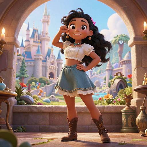 Digital cartoon of a smiling young Latina girl with long black hair, white crop top, blue skirt, and brown boots, standing in a sunlit,