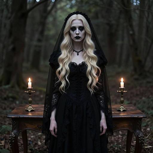 Photograph of a pale, blonde woman in a black lace gothic dress and veil, standing in a dim forest, flanked by two lit candles