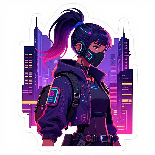 Digital anime-style illustration of a black-haired woman with a pink-tipped ponytail, wearing a black jacket, mask, and headphones, standing against a