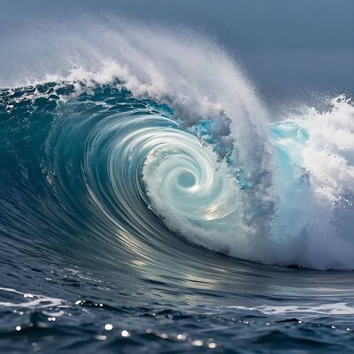 Photograph of a massive, swirling ocean wave with vibrant blue and white colors, capturing the wave's powerful, dynamic motion and foamy crest.