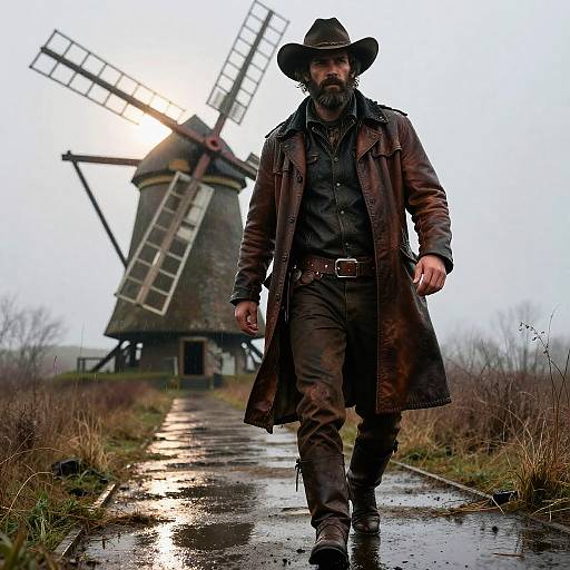 Photograph of a rugged bearded man in brown coat and hat walking on a wet path towards a traditional windmill in a misty, overcast