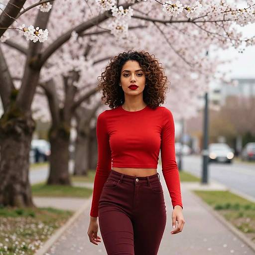 Curly-Haired Woman Among Cherry Blossoms