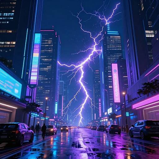 Neon-lit city street at night, vivid purple lightning illuminating skyscrapers, cars parked along reflective wet road, bright blue and pink neon