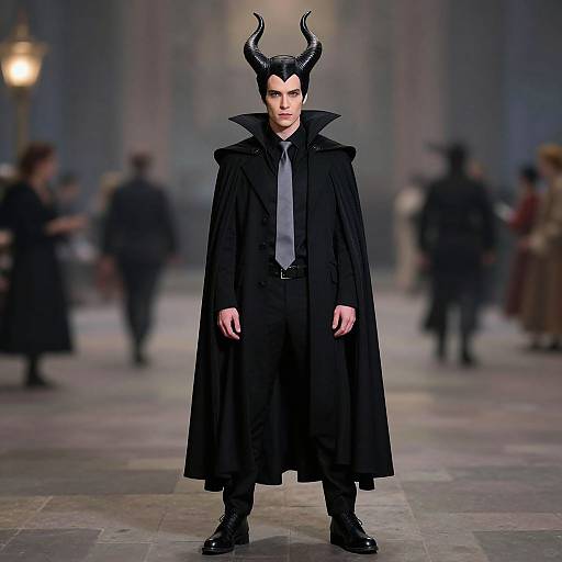 Photograph of a male model on a runway wearing a black cape, horned headpiece, and formal black attire, with blurred audience in the background