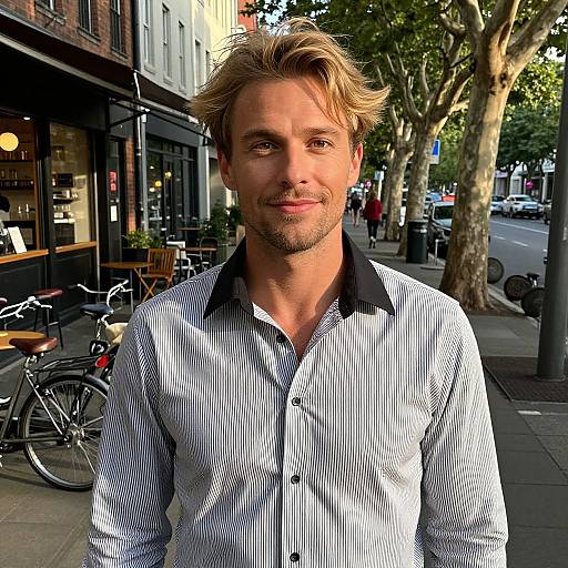 Photograph of a handsome, blonde, bearded man in a striped shirt standing on a sunlit, tree-lined urban street with cafes and bicycles in