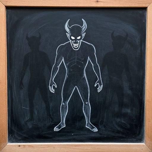 Chalk drawing of a menacing, horned demon with glowing eyes and sharp teeth on a blackboard, framed in wood.