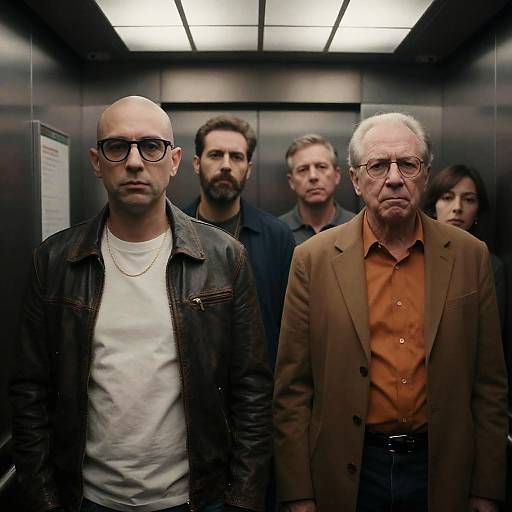 Intense Moment in a Dim Elevator