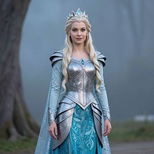 Photograph of a blonde woman with long hair, wearing a silver crown, silver armor over a blue patterned dress, standing in a misty forest