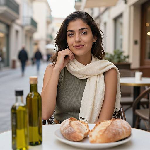 Photograph of a smiling young woman with olive skin and dark hair, wearing a white scarf, seated at an outdoor café, with olive bottles and two