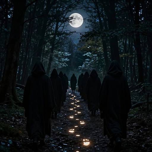 Moonlit Cloaked Figures in Forest