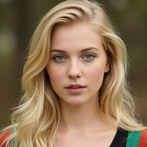 Photograph of a young blonde woman with green eyes, fair skin, and wavy hair, wearing a multicolored sweater, against a blurred outdoor