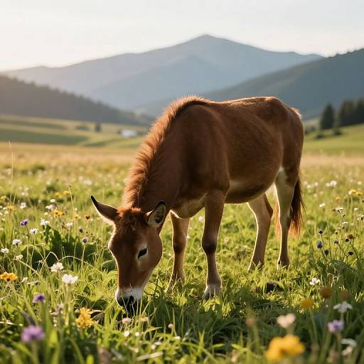 Photograph of a brown donkey grazing in a sunlit meadow with colorful wildflowers, set against a backdrop of rolling hills and mountains.