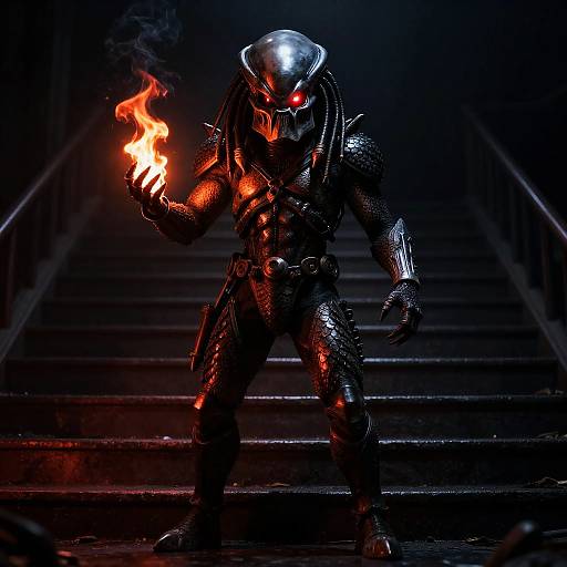 Dramatic Alien Predator on Shadowy Stairs