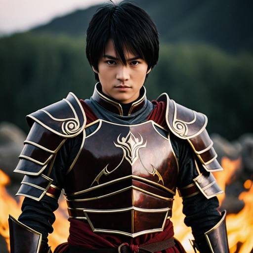 Young Man in Fantasy Armor with Fiery Background