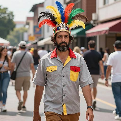 Man Wearing Colorful Feather Headdress on Urban Street