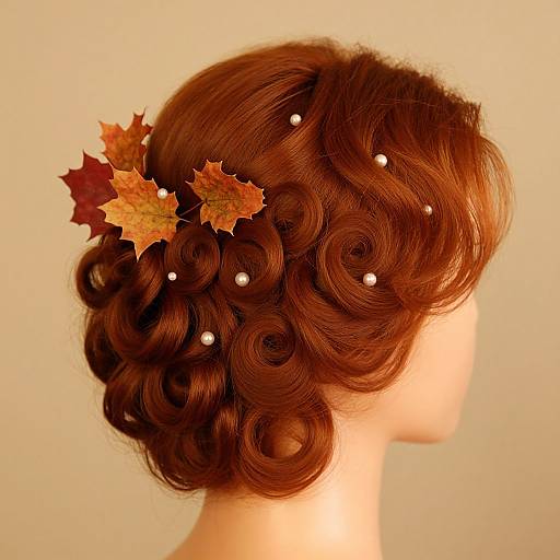 Photograph of a red-haired mannequin with a side view, featuring a vintage-style, curled updo adorned with autumn leaves and pearl hairpins