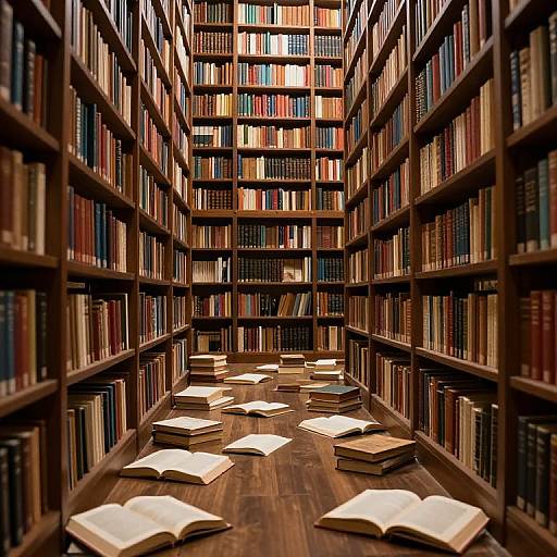 Photograph of a dimly lit, wooden library with tall shelves filled with colorful books, and open books scattered on the dark hardwood floor.