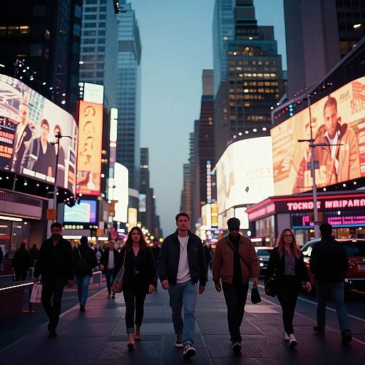 Photograph of a bustling New York City street at dusk, with brightly lit billboards, diverse pedestrians, and tall skyscrapers.