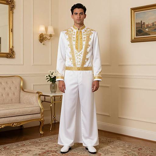 Photograph of a serious-looking man with short black hair, wearing a white traditional outfit with gold embroidery, standing in an elegant, classical room with orn