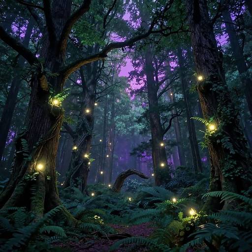 Magical forest at night, illuminated by glowing fireflies among dark, towering trees with purple-tinged leaves and dense green ferns.