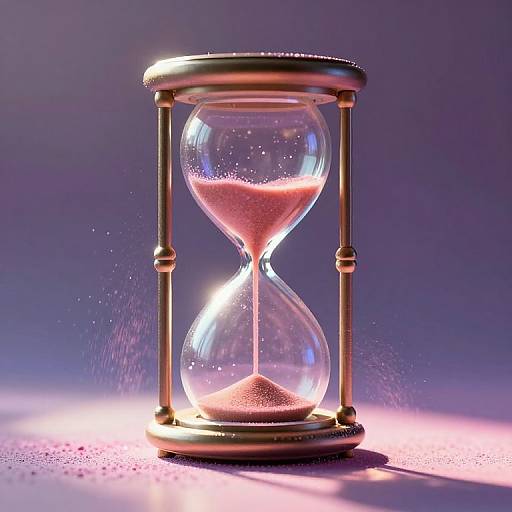 Photograph of a glowing, golden hourglass with pink sand, illuminated against a purple gradient background, casting reflective light and subtle sand particles.