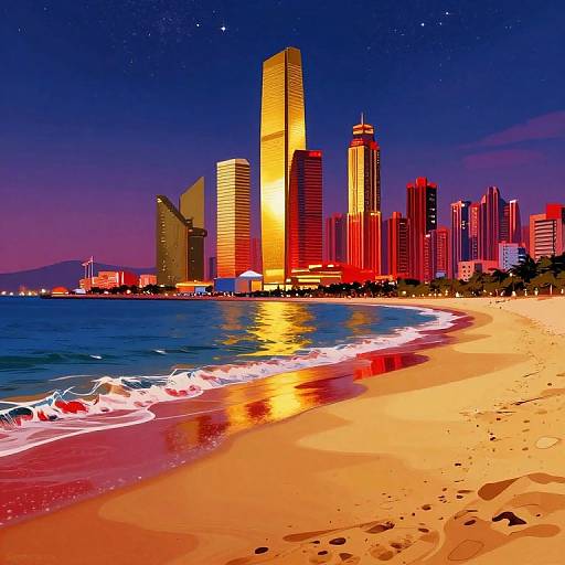 Vibrant digital artwork of a sunset beach with glowing skyscrapers reflecting on the water, featuring bold colors and bright lights.