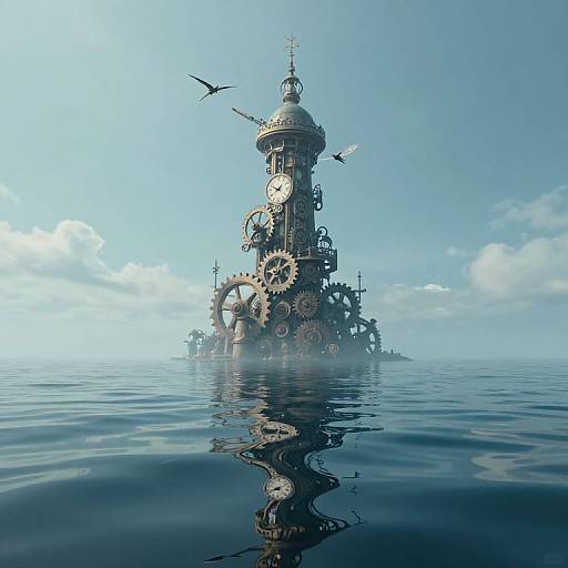 Steampunk clock tower with gears and wings, floating on calm blue water, reflecting in ripples, under bright sky. Digital art.