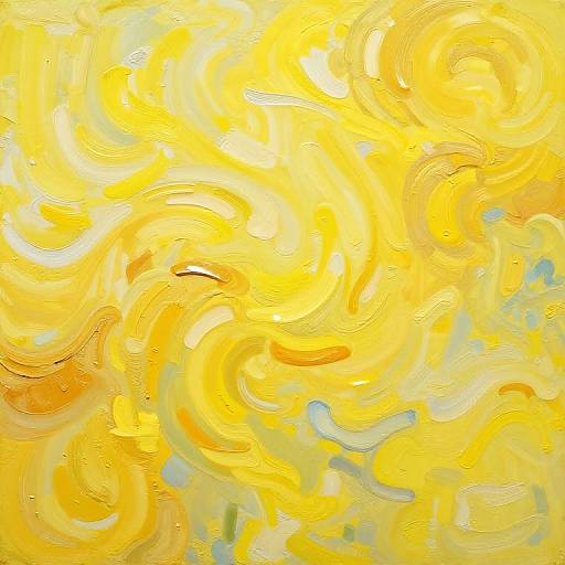 Abstract digital painting featuring swirling, vibrant yellow and orange patterns with subtle blue accents, creating a dynamic, sun-like effect.