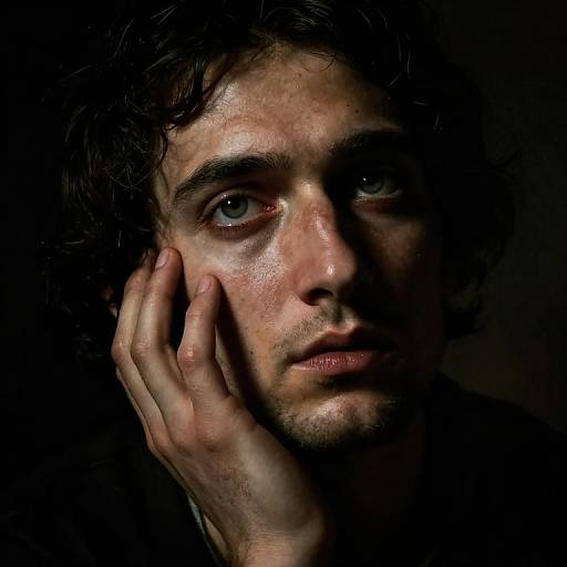 Close-up photograph of a pensive man with dark curly hair, blue eyes, and fair skin, illuminated by soft light, hand gently touching his cheek