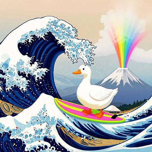 Digital artwork: White duck with orange beak rides rainbow surfboard on ocean waves, with snow-capped mountain and rainbow in background.