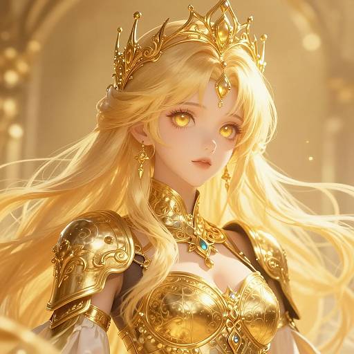 Digital artwork of a golden-haired, glowing-eyed queen in ornate, gold armor with a crown, necklace, and earrings, set in a radiant,
