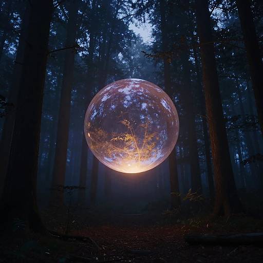 Glowing Orb Over Misty Forest