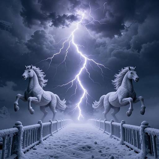 Digital artwork of two rearing white horses on a snow-covered bridge, lightning bolt illuminating a stormy, cloud-filled night sky.