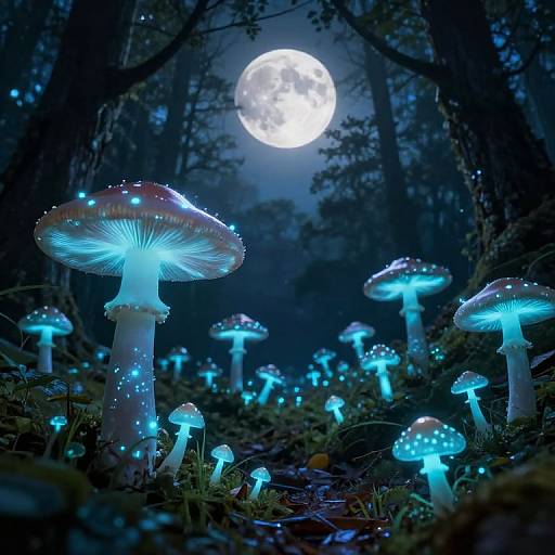 Photograph of a mystical forest at night, featuring glowing blue mushrooms illuminated by a full moon, surrounded by dark trees and glowing fireflies.